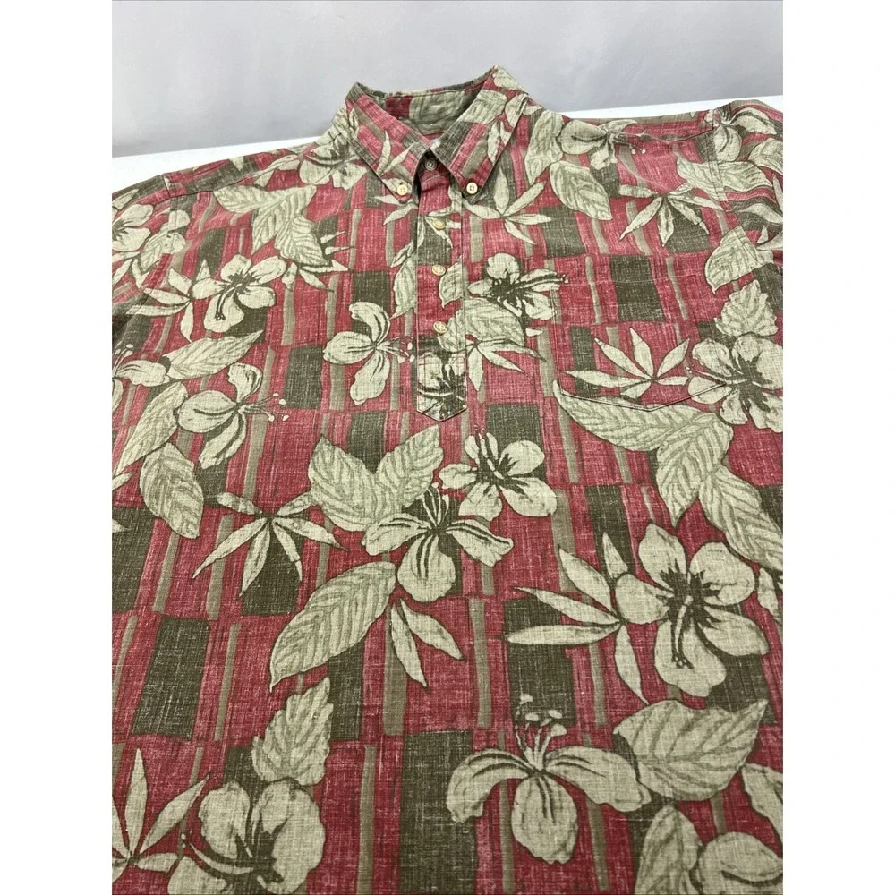 Reyn Spooner Men's Hawaiian Brick Red Floral 1/4 Button Up Shirt Resort Size 2XL